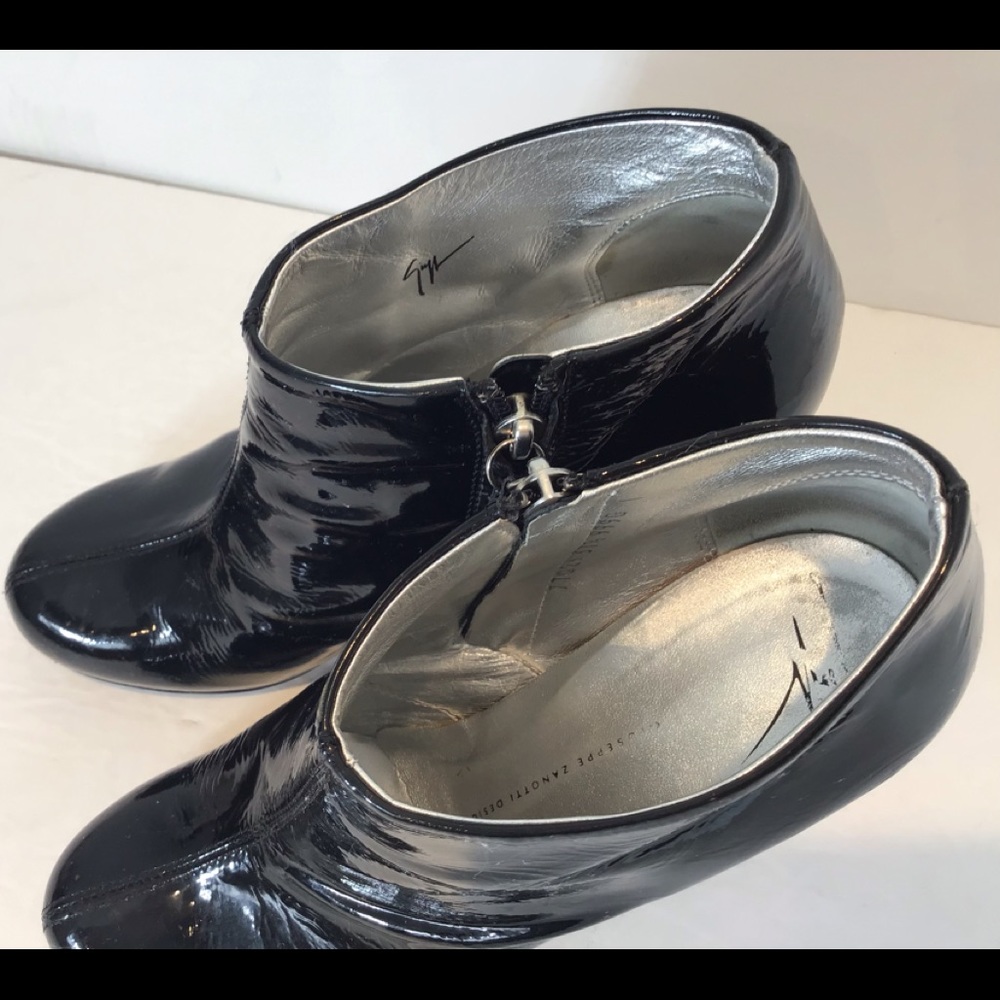 GIUSEPPE ZANOTTI BLK PATENT LEATHER ANKLE BOOTIES LEOPARD HEELS EUR 37.5 US 7.5 - Picture 12 of 16